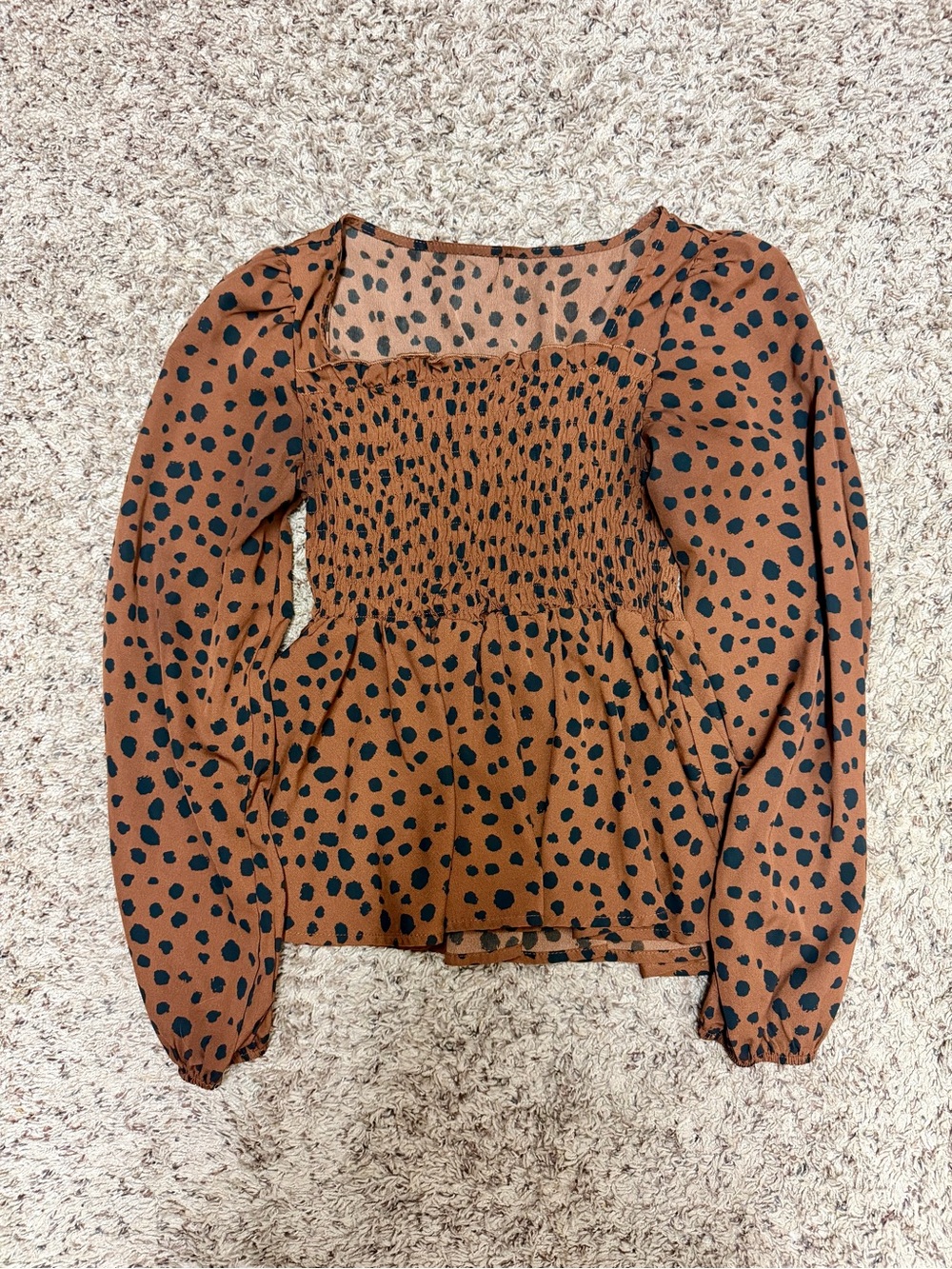 SHEIN Brown Smocked Square-Neck Blouse with Black Spot Print